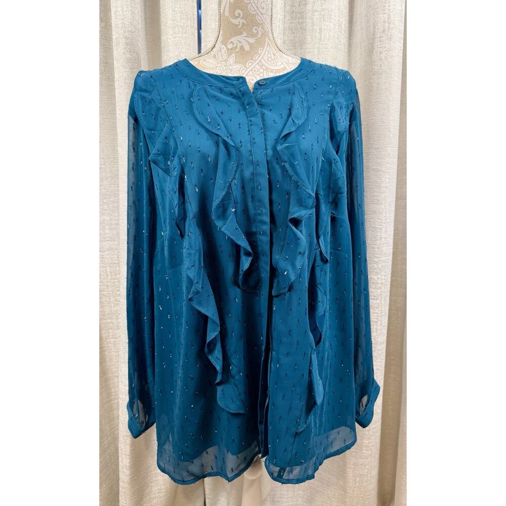 Isaac Mizrahi Live Teal Ruffle Blouse 26W Sheer Swiss Dot Tunic Top Elegant - Picture 2 of 13